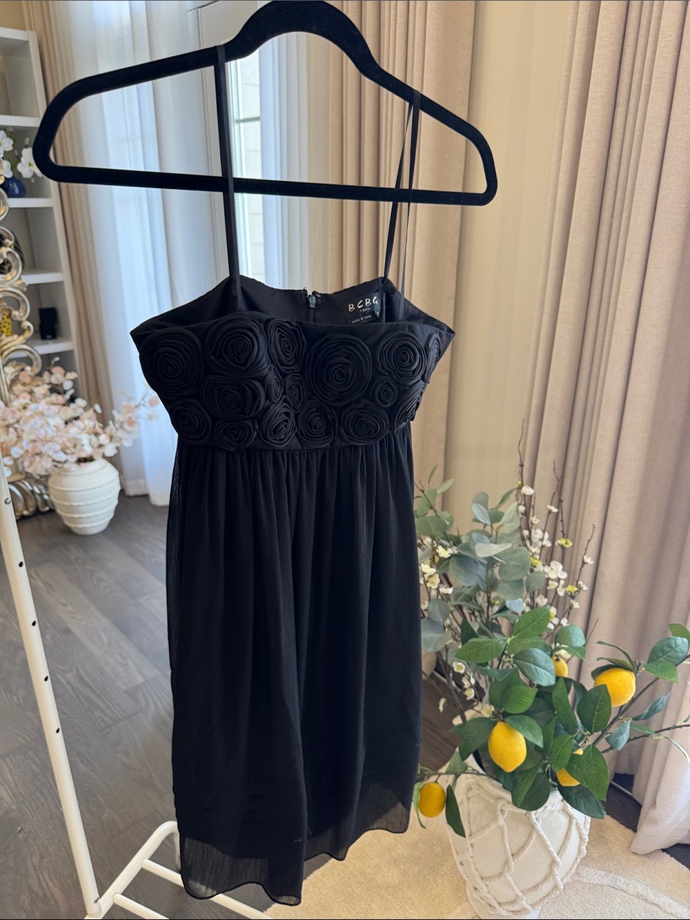 BCBG Black Rosette Bodice Chiffon Mini Dress